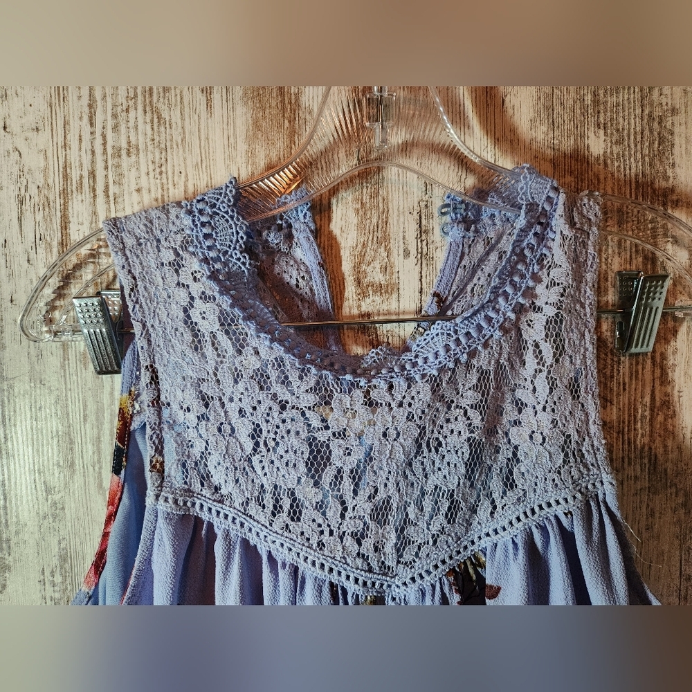 Light Baby Blue Lace Floral Midi Dress - Lavender and Red - Picture 4 of 6